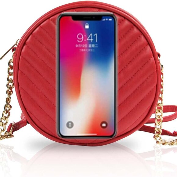 Round Crossbody Bag for Women,PU Leather Shoulder Bag with Metal Chain Strap, Ce - Picture 5 of 8